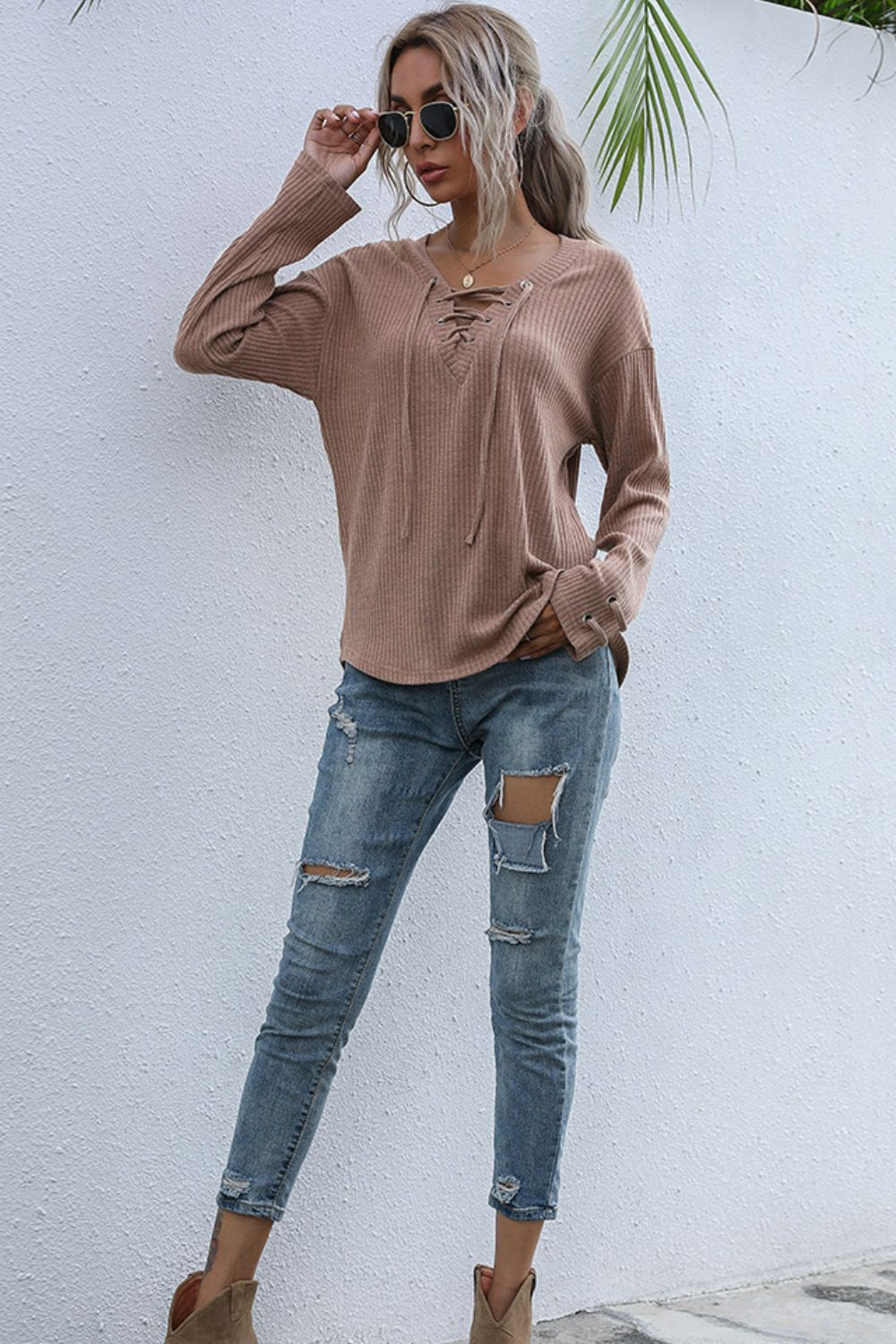 Lace-Up V-Neck Ribbed Top (more color options)