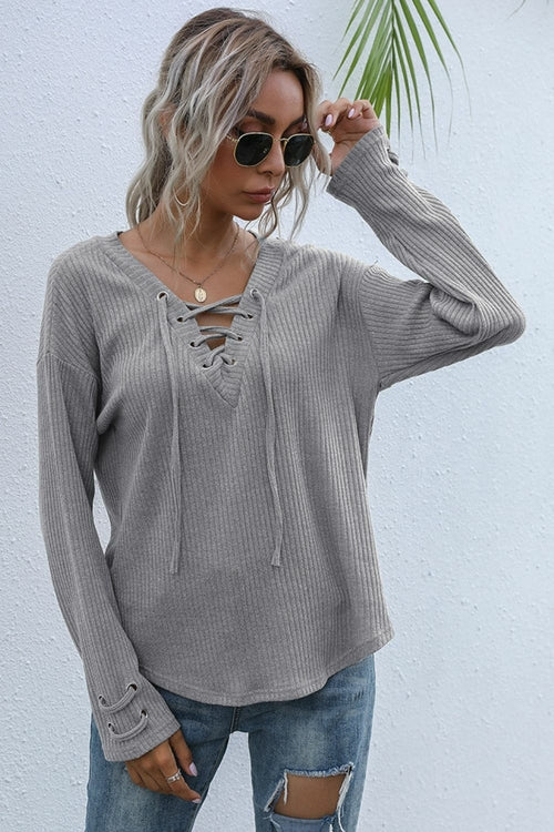 Lace-Up V-Neck Ribbed Top (more color options)