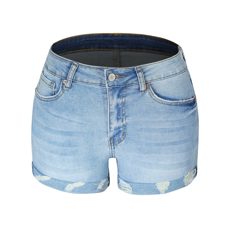 Ripped High Waisted Rolled Fit Blue Shorts