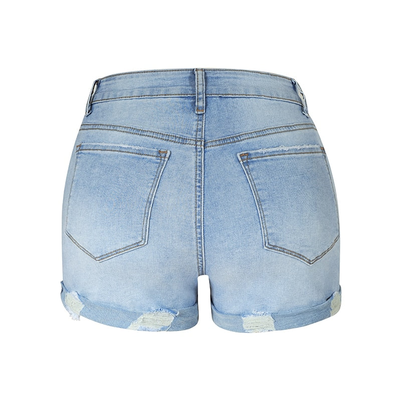 Ripped High Waisted Rolled Fit Blue Shorts