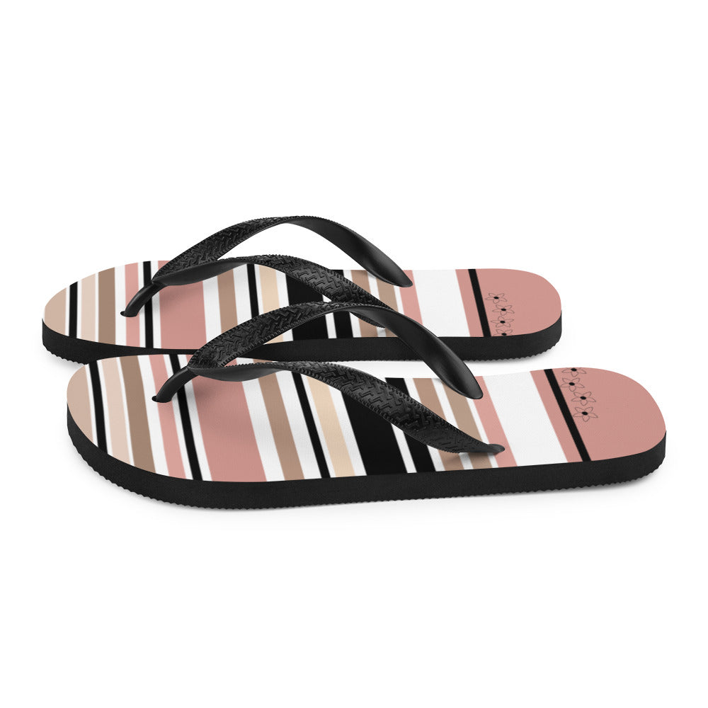 Striped Beige Black & Cream Flower Detail Flip Flops. Beach Shoes