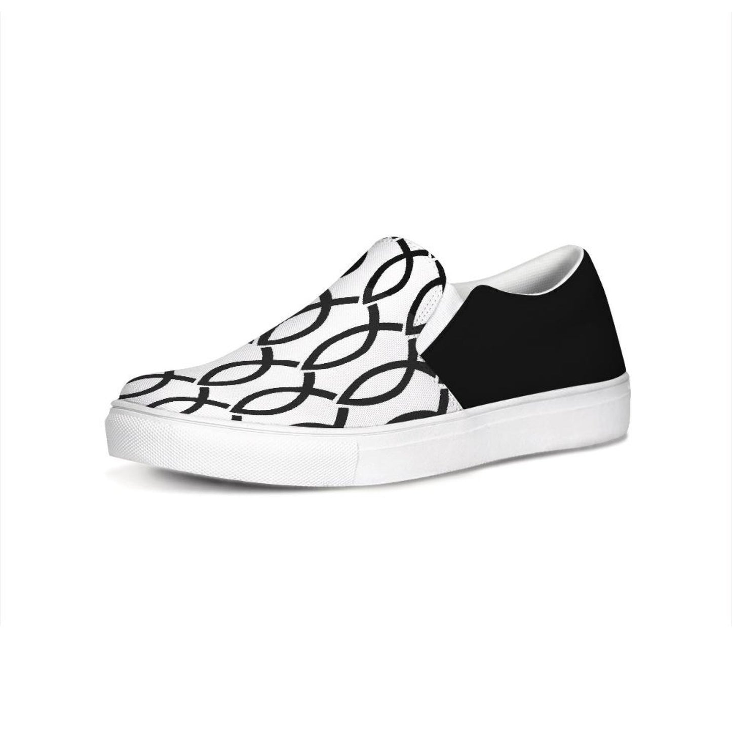 Womens Sneakers - Black & White Ichthys Style Low Top Slip-on Canvas