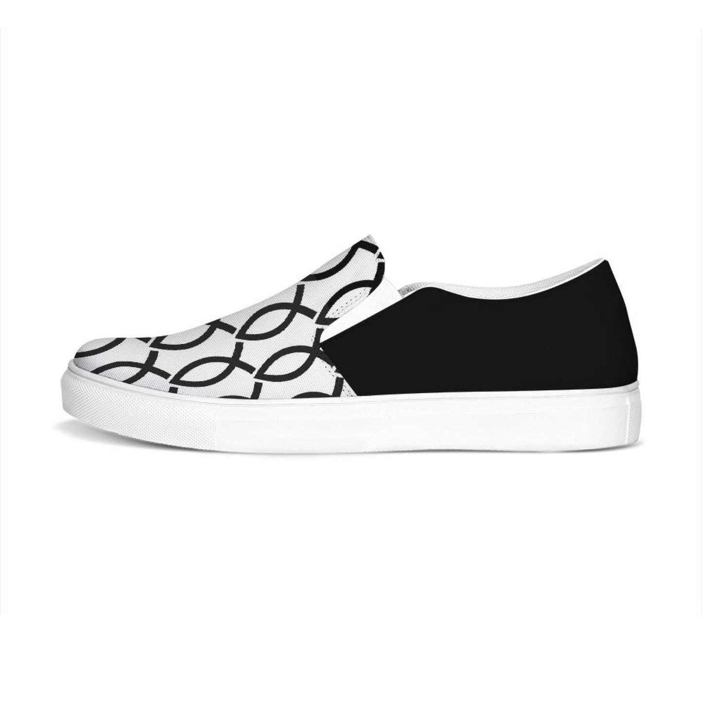 Womens Sneakers - Black & White Ichthys Style Low Top Slip-on Canvas